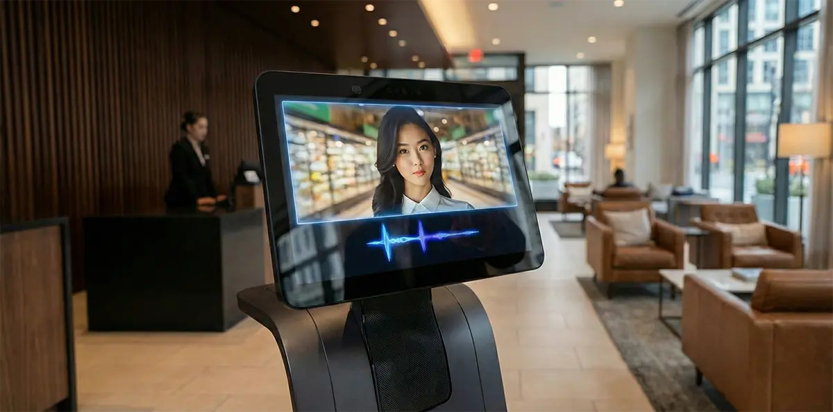 หน้าจอแสดงผล AI Avatar บนหุ่นยนต์บริการ รองรับการจดจำเสียงภาษาไทยและประมวลผลคำสั่งแบบ Real-time