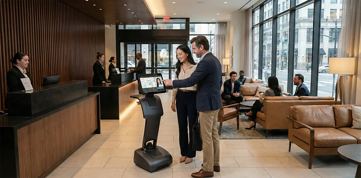 การใช้งานหุ่นยนต์ต้อนรับในโรงแรม ลูกค้าสอบถามข้อมูลผ่านหน้าจอสัมผัสและระบบสั่งการด้วยเสียง AI