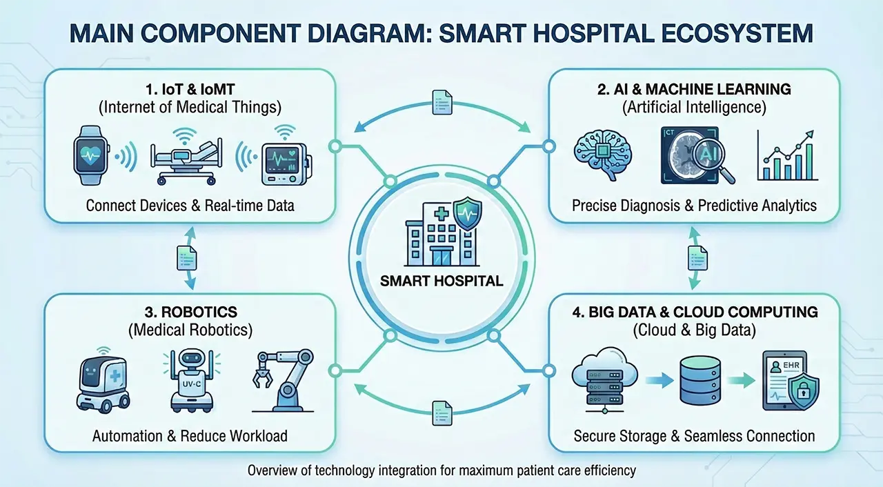 Smart Hospital infrastructure involves the integration of automation systems, delivery robots, and real-time patient data storage on the cloud.