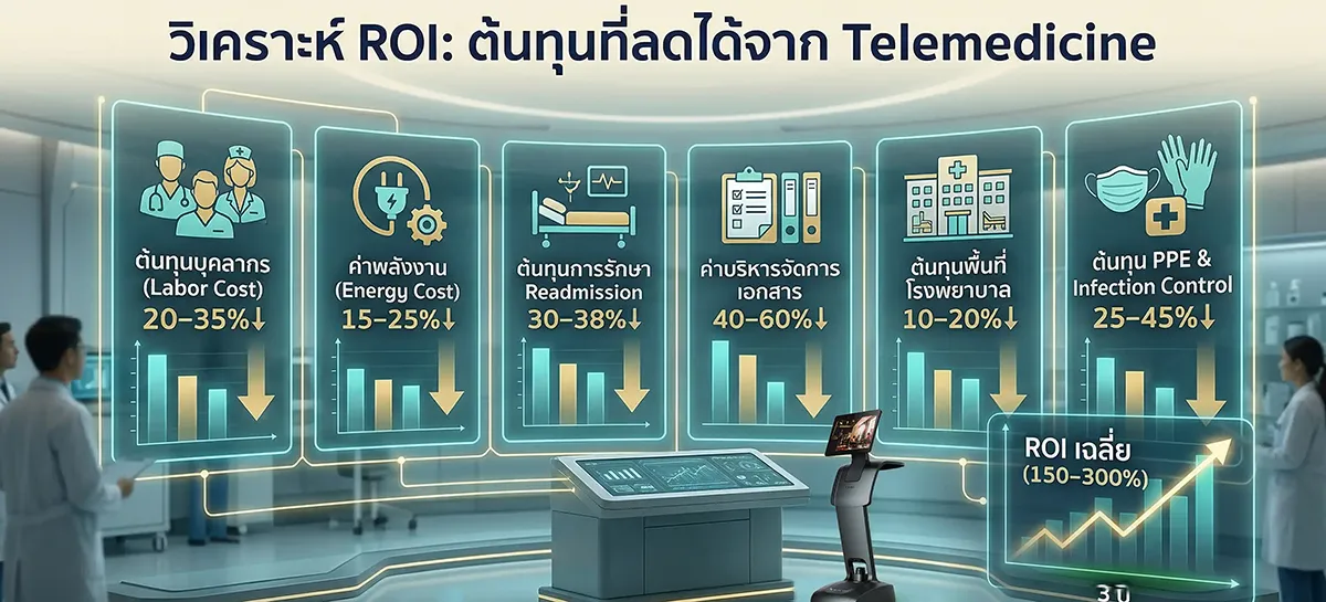สถิติวิเคราะห์ ROI และสัดส่วนการลดต้นทุนโรงพยาบาลด้านต่างๆ จากการลงทุนระบบ Telemedicine