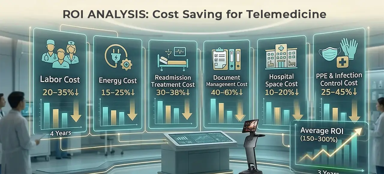 Statistical analysis of ROI and the percentage of cost reduction in various aspects of hospital operations from investment in telemedicine systems.